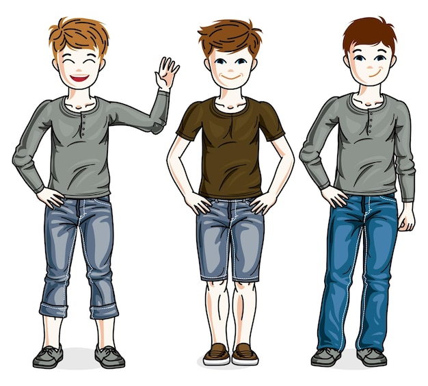 Young teen boys cute children group standing wearing fashionable casual clothes. Vector set of beautiful kids illustrations.