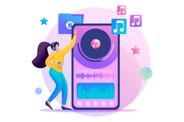 Young teen girl listening to your favorite music through the mobile app. 