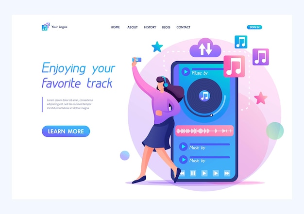 Young teenage girl listens to her favorite music enjoys music Flat 2D character Landing page concepts and web design