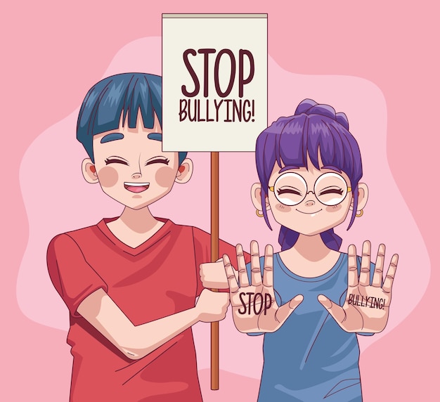 Young teenagers couple with stop bullying lettering in protest banner  illustration 