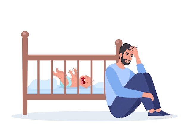 Young tired dad at night with baby crying on crib Unhappy daddy exhausted and stressed next to the newborn's crib Child is crying hysterically and pulling up the handles Vector illustration