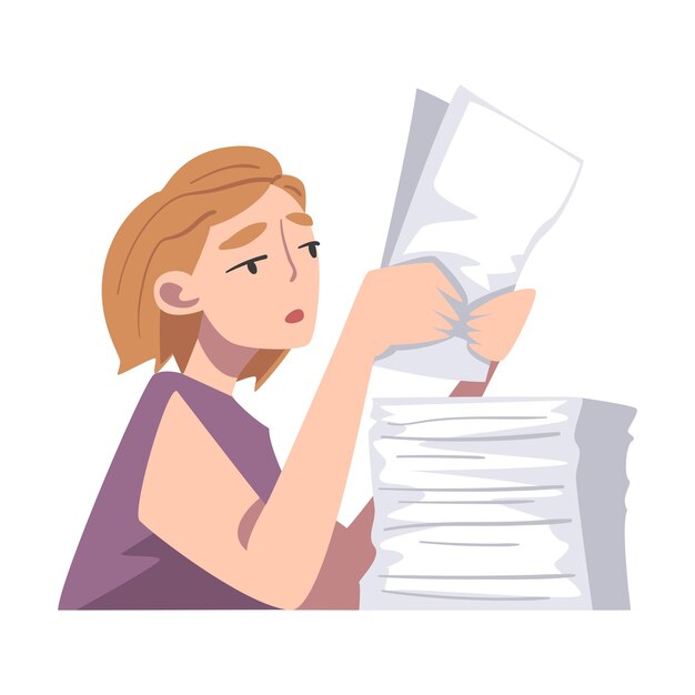 Vector young tired female sitting at table with pile of papers vector illustration