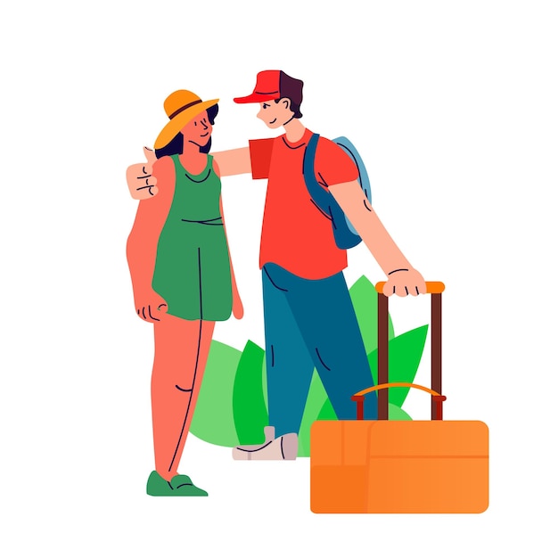 young tourists with baggage standing together summer vacation holiday time to travel concept vector illustration