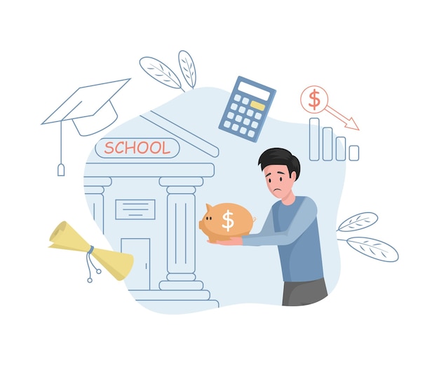 Young upset man carrying savings to school vector flat illustration