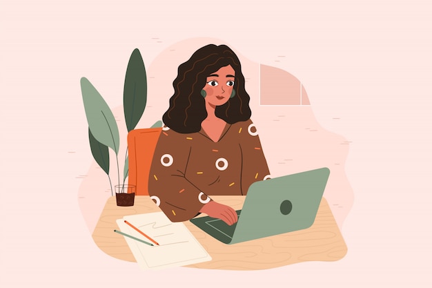 Young Vintage woman working at the desk with a laptop in front of her. Writer block concept, beauty blogger, creativity crisis, work start problem. Flat vector drawing.