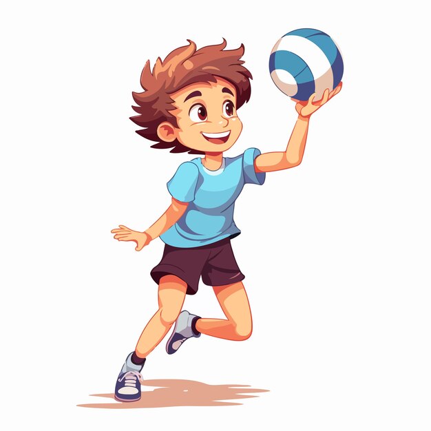 Vector young volleyball player kid serving ball with hands in a funny manner