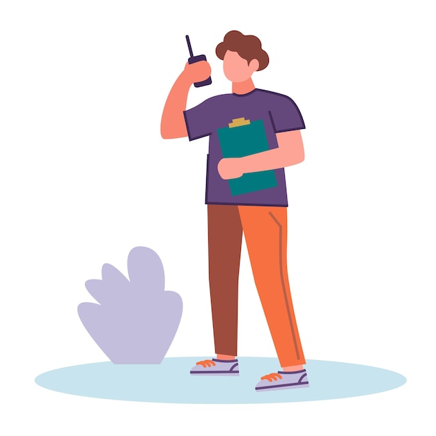 a young volunteer guy is talking on a walkietalkie in the park Vector illustration in a flat style