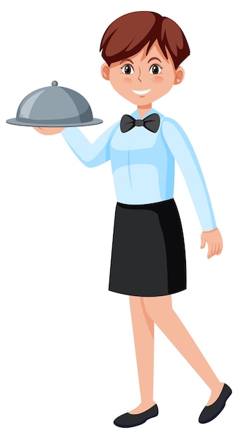 A young waitress serving food white background