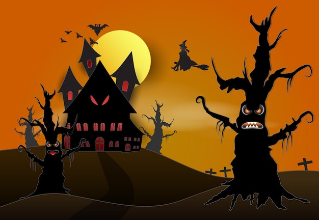 Young witch and castle in dark forest Halloween paper art background concept paper cut style illustration