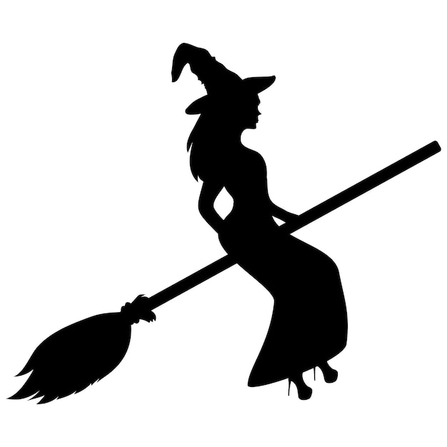 Vector young witch flying on a broomstick silhouette on a white background ghost woman vector illustration