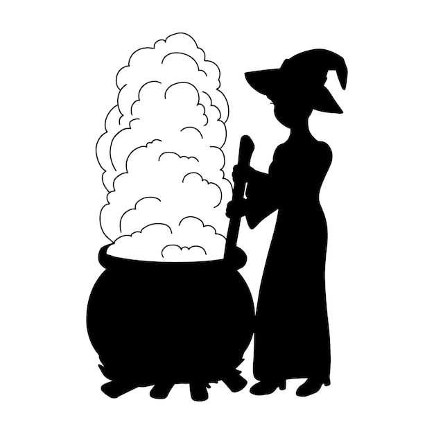 A young witch is brewing a potion in a cauldron Black silhouette Design element Template for books stickers posters cards clothes