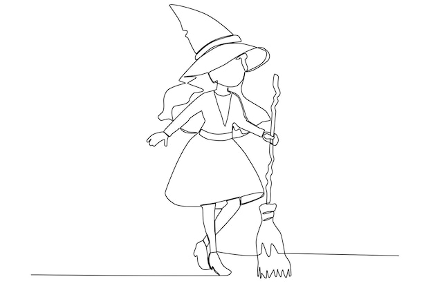 A young witch standing with her broomstick one line art