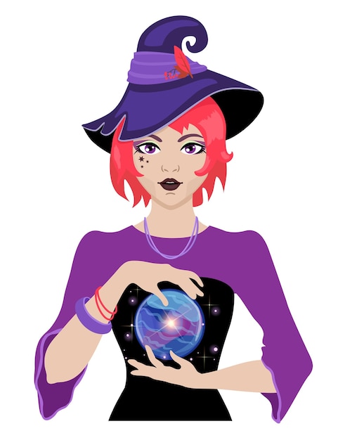 Young witch wearing typical witch hat with a magic sphere Cute Halloween girl Halloween magical