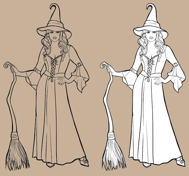 Young witch with Halloween broom. Black and white vector illustration. For coloring books