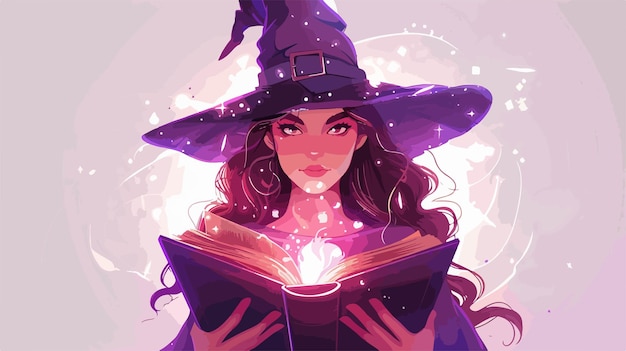 Vector young witch with spell book on light background vector