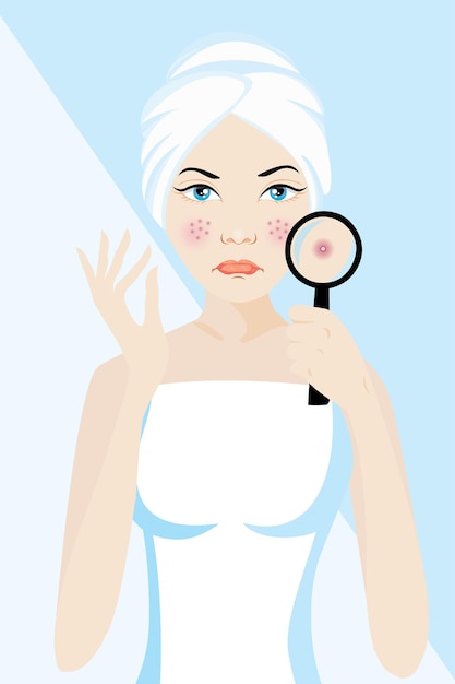 Young Woman Acne Skin Magnifying Glass Illustration with blue background