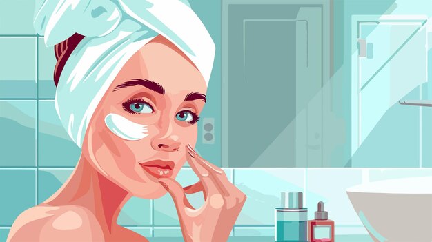 Vector young woman applying cream on her skin at home closeup