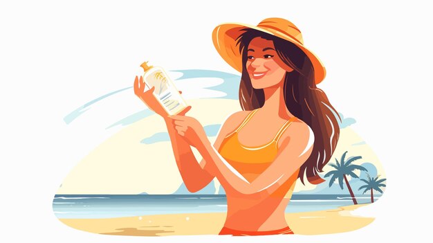 Vector young woman applying sunscreen on arms at the beach