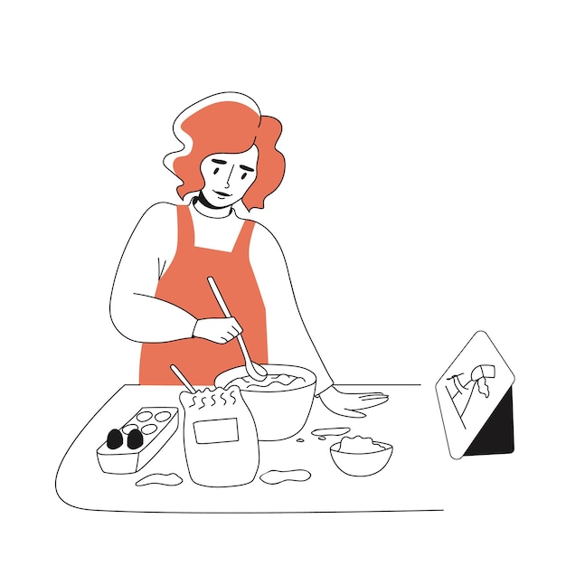 Young woman in an apron preparing a home cooked meal. The cooking process is based on a video tutorial. A person learns to cook. Vector illustration in Doodle style on an isolated white background.