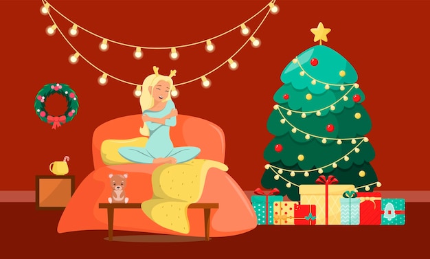 A young woman on a bed in a Christmas bedroom. Cozy interior. Flat design.