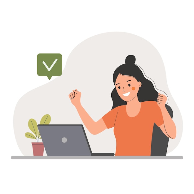 Young woman before the laptop with show Yeah positive gesture Flat style cartoon vector illustration