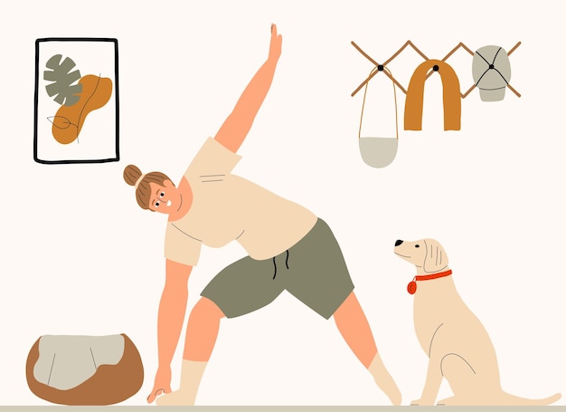 A young woman bends down. Girl doing workout at home. Health exercises for weight loss. Vector illustration in a flat style.