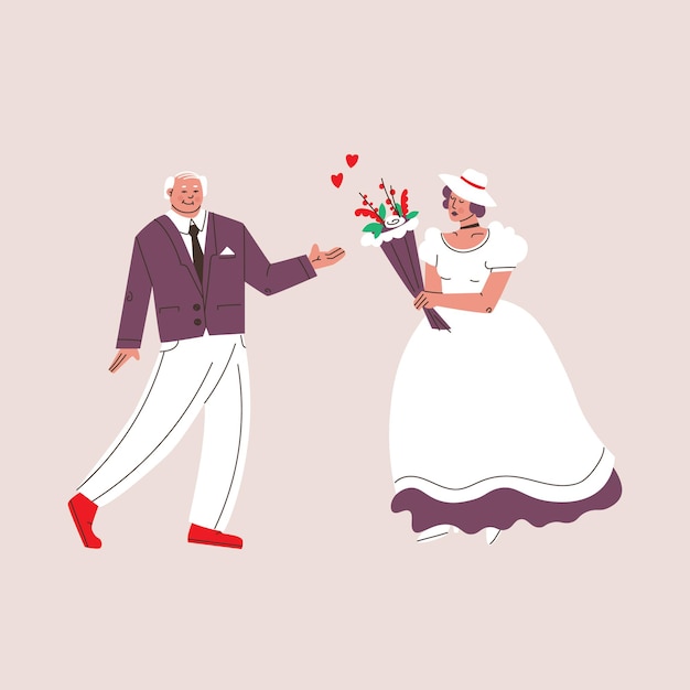 Young woman bride in a wedding dress, hat and a bouquet of flowers in her hands. Elderly man in a suit. Vector cute characters.