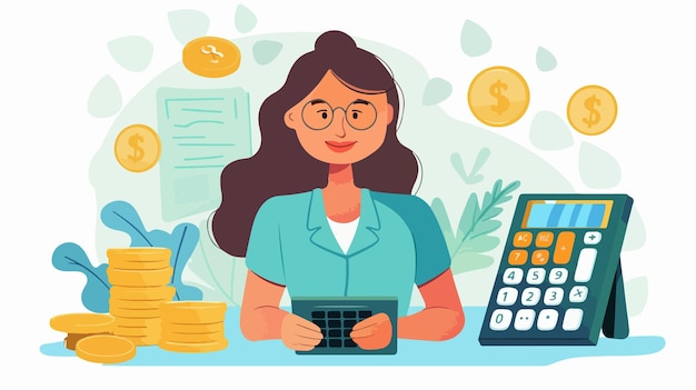 Vector young woman calculating monthly payments