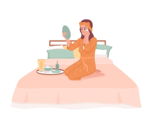 Young woman caring about skin before sleep semi flat color vector character