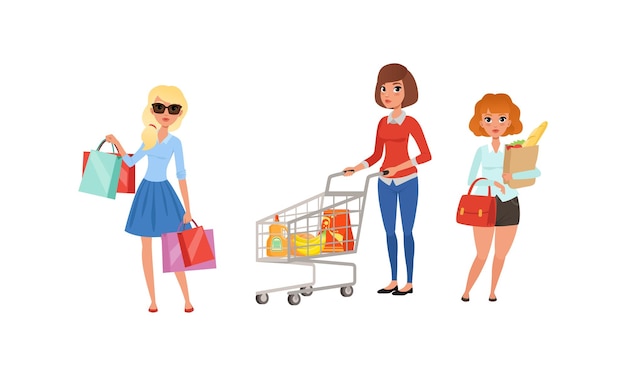 Young Woman Carrying Shopping Bags and Pushing Cart with Purchases Girls Taking Part in Seasonal Sale at Store Mall or Shop Vector Illustration