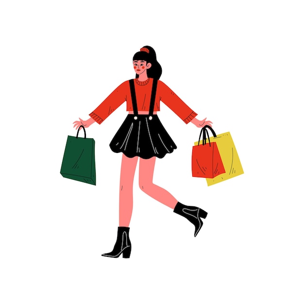 Young Woman Carrying Shopping Bags with Purchases Beautiful Girl Purchasing at Store Mall Shop Vector Illustration on White Background