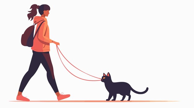 Vector young woman casual cat leash vector illustration