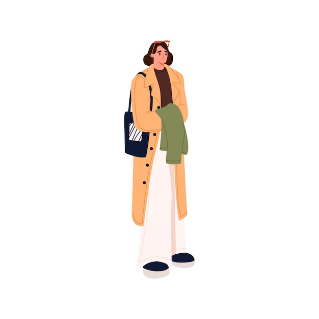 Young woman in casual fashion outfit Modern person in stylish autumn clothes wearing coat pants and tote bag Female in trendy apparel Flat vector illustration isolated on white background