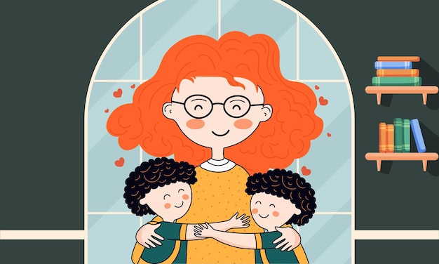 Young Woman Character Hugging Her Students And Bookshelves On Window Green And Blue Background