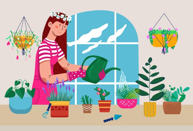 Young woman character watering domestic various plants