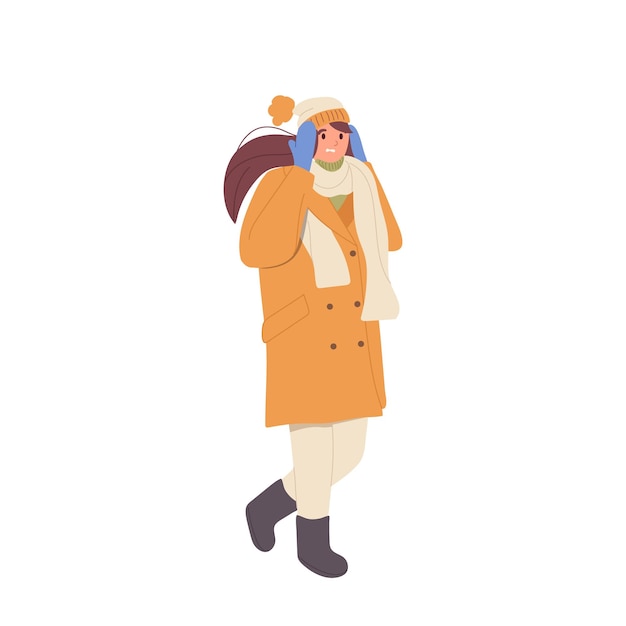 Young woman character wearing coat hat mittens and scarf shivering feeling cold and discomfort