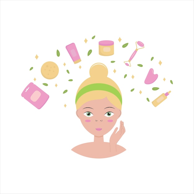 Young woman character with bottle of face oil facial gua sha stone massage roller cream mask Facial yoga Skincare routine Vector flat illustration