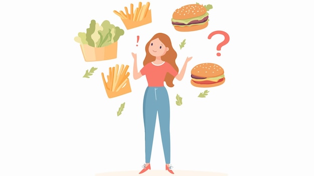 Vector young woman choosing food with question mark stock photo