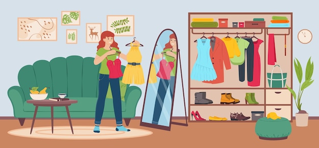 Young woman choosing outfit to wear in home wardrobe. Girl holding clothes, trying different clothing and looking in mirror vector illustration