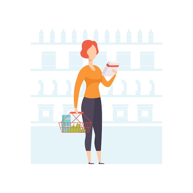 Young woman choosing products on shelves at grocery store girl shopping at supermarket vector Illustration isolated on a white background