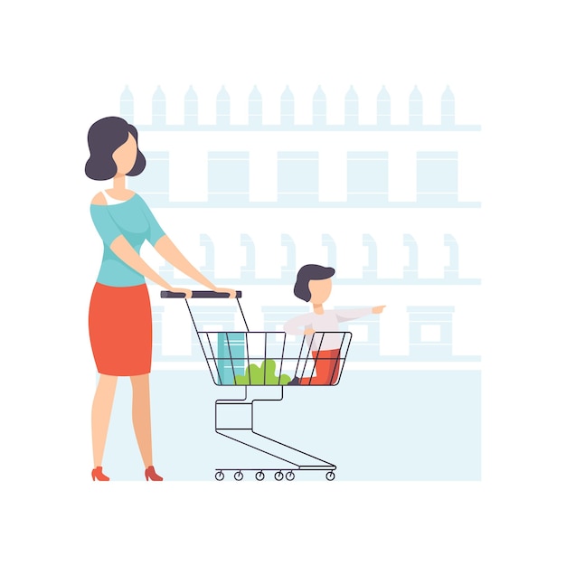 Young woman choosing products with her son sitting in shopping cart mother and her kid shopping at supermarket vector Illustration isolated on a white background