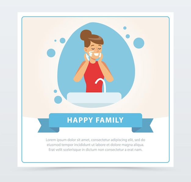 Young woman cleaning her face with foam daily routine hygiene procedure happy family banner flat vector ilustration element for website or mobile app with sample tex