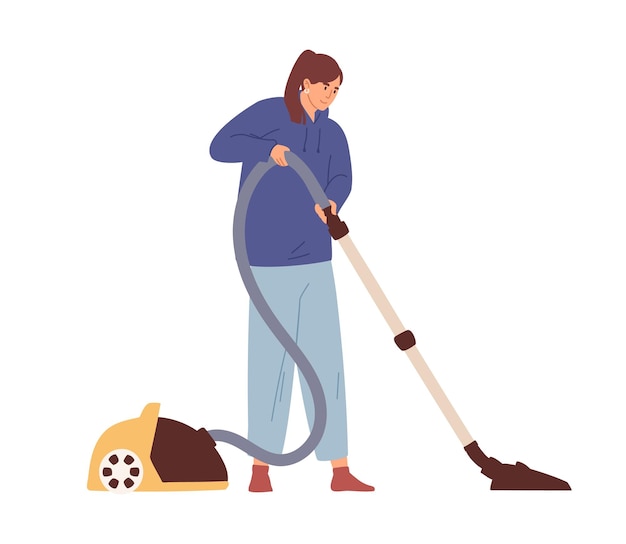 Young woman cleaning home with manual vacuum cleaner. Smiling homemaker running vac during cleanup. Colored flat vector illustration isolated on white background.