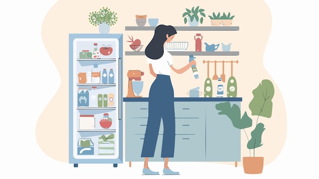 Young Woman Cleaning Refrigerator in Kitchen