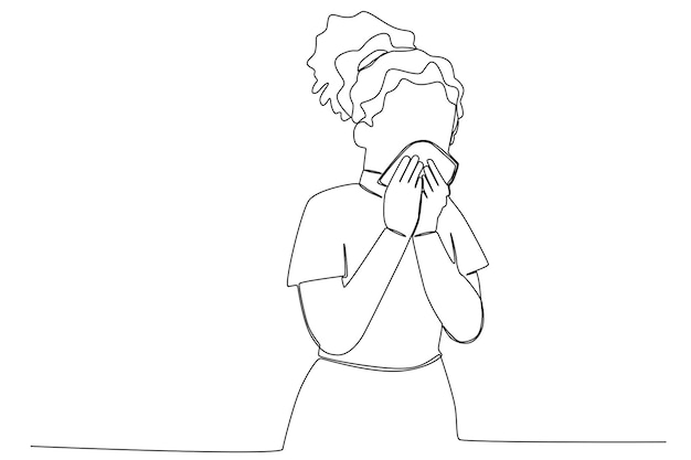 A young woman closing her mouth with a handkerchief while sneezing one line art