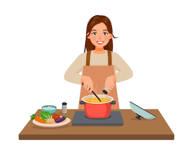 Young woman cooking delicious vegetable soup with pan adding spices in the kitchen