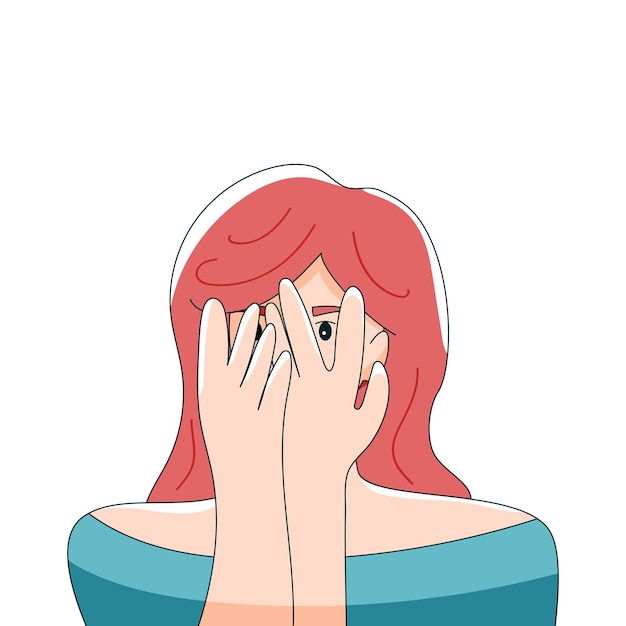 A young woman covers her face and looks through her fingers Female avatar showing complexes shyness Vector illustration in hand drawn style