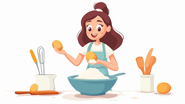 Young woman cracking egg into flour while baking homemade goods