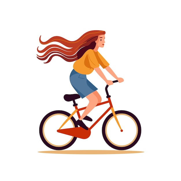 Young woman cycling long hair flowing casual clothing female cyclist enjoying ride active