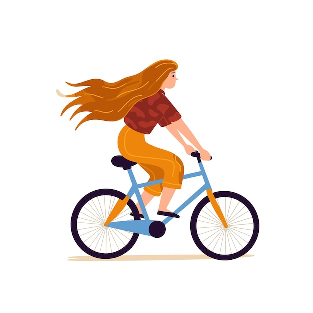 Young woman cycling long hair flowing casual outfit female cyclist enjoys leisure ride vibrant